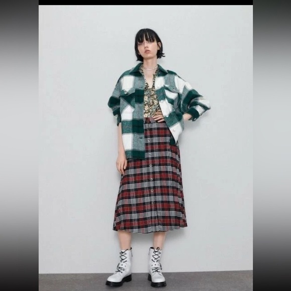 ZARA Plaid Button Down Midi Skirt Sz S Black Red Punk Chic Rock NWT - Picture 2 of 9